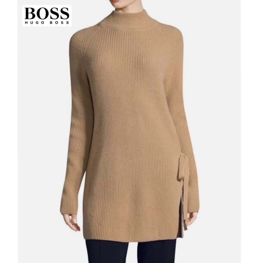 HUGO BOSS FILDA WOOL YAK CASHMERE BLEND TIE SIDE TAN CAMEL SWEATER TUNIC SIZE S